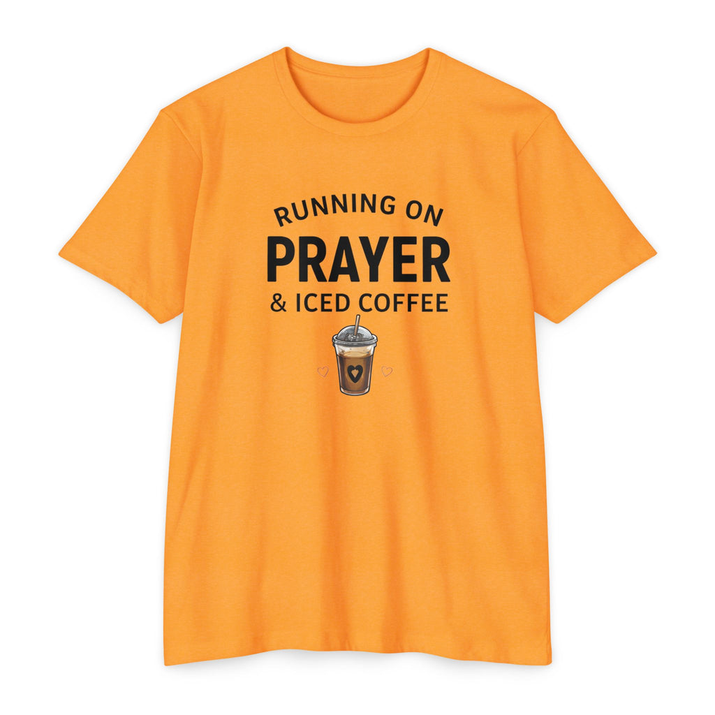 Prayer & Iced Coffee T-Shirt — "Running on Prayer & Iced Coffee" Christian Coffee Tee