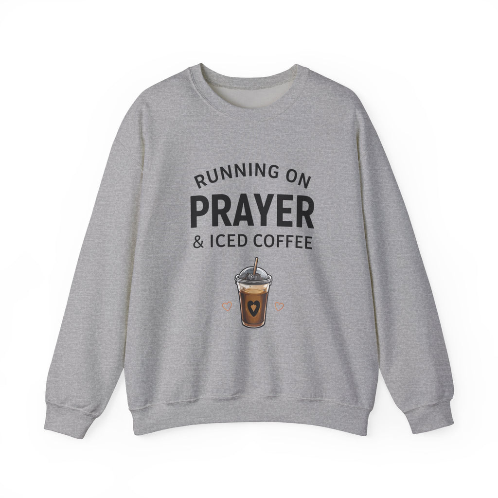 Womens Sweatshirt – "Running on Prayer & Iced Coffee" Crewneck