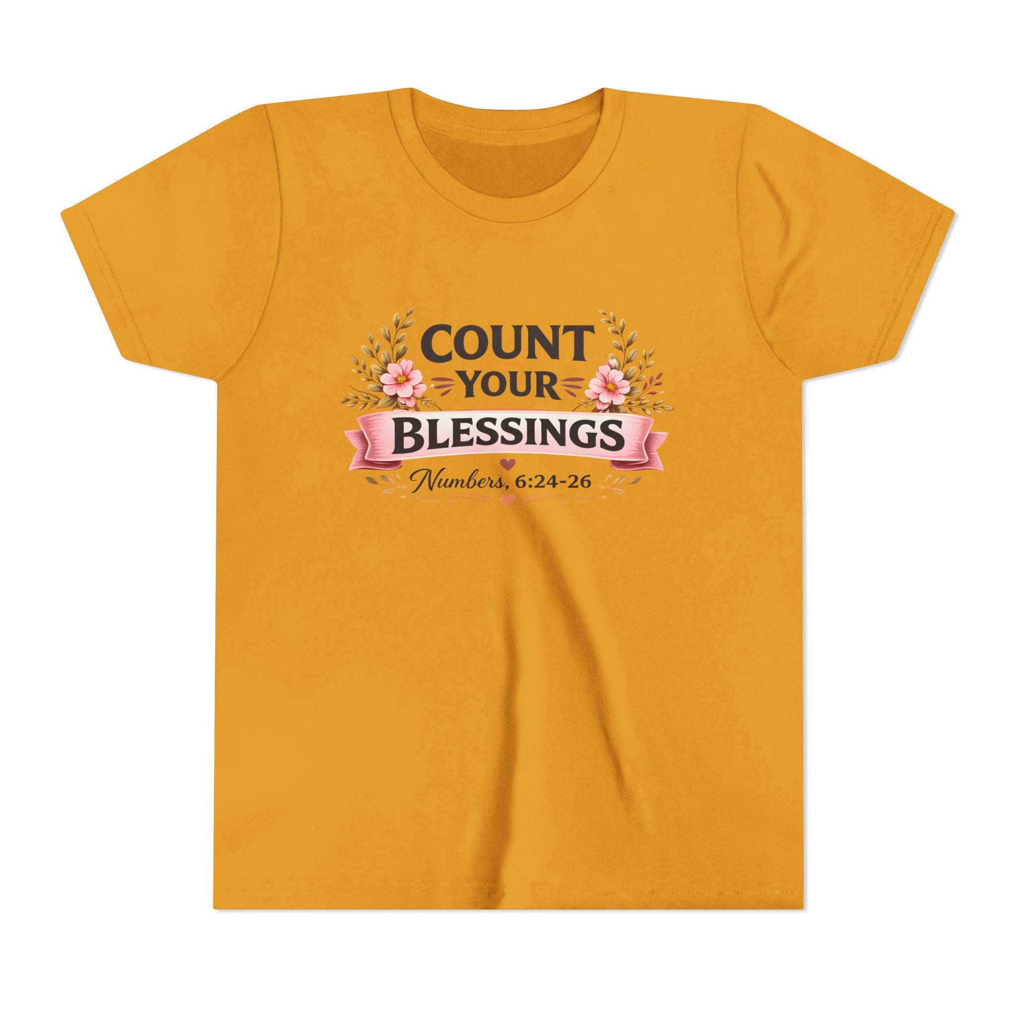 Girls Youth Tee - "Count Your Blessings" Floral Scripture Kids Shirt (Numbers 6:24-26)