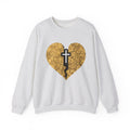 Womens Heart Crack Cross Crewneck Sweatshirt — Gold Distressed Christian Faith Pullover
