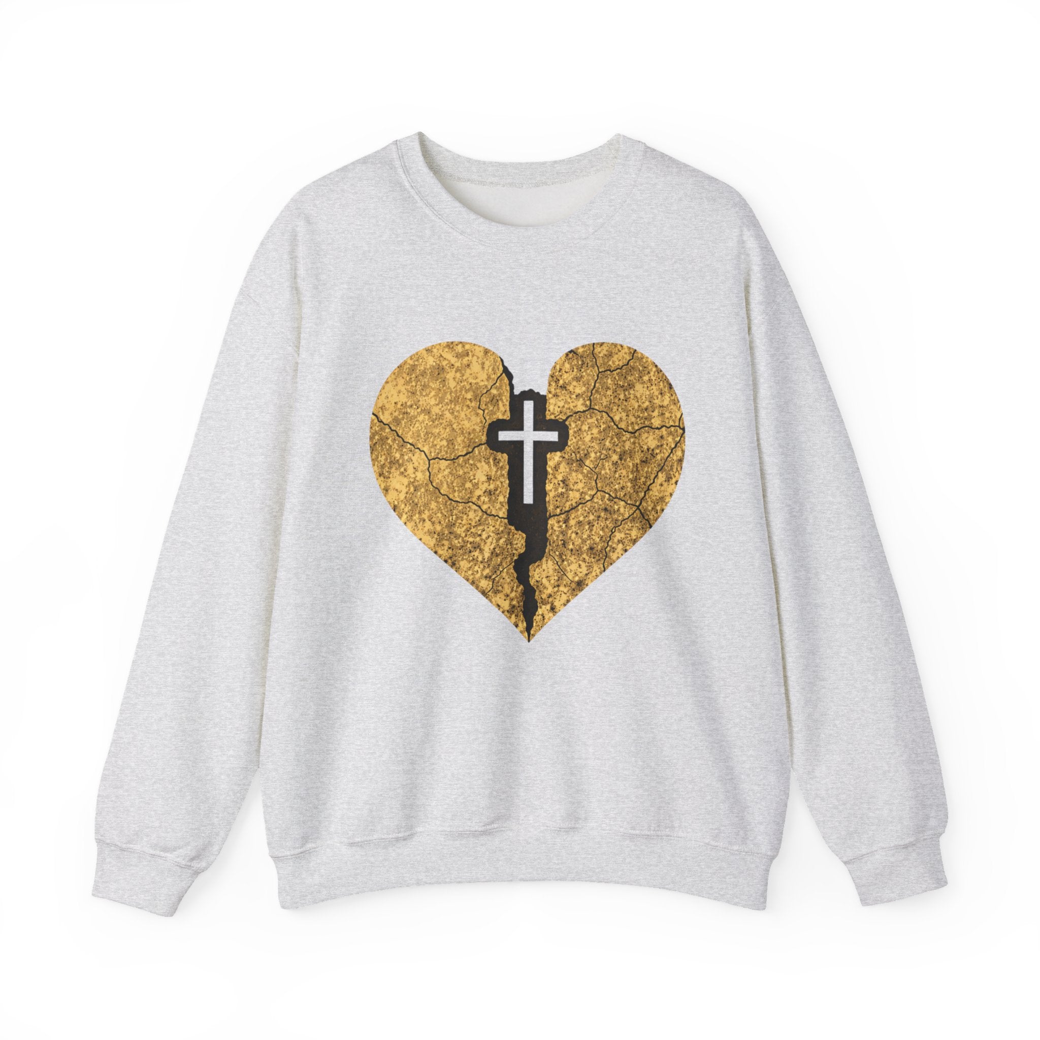 Womens Heart Crack Cross Crewneck Sweatshirt — Gold Distressed Christian Faith Pullover