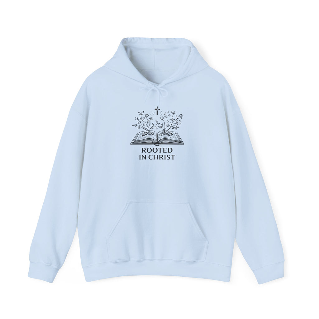 Mens Christian Hoodie — "Rooted in Christ" Bible Floral Design