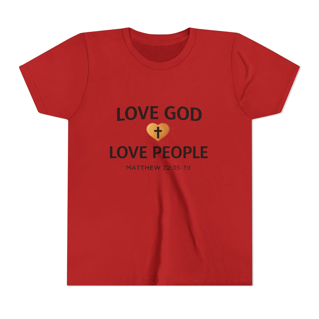 Boys Youth Tee — "Love God Love People" Bible Verse Matthew 22:37-39 Christian Kids Shirt