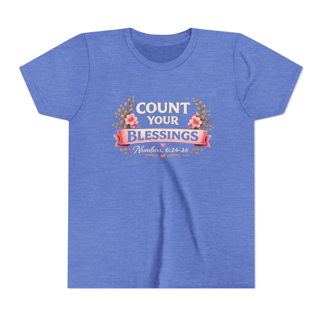 Girls Youth Tee - "Count Your Blessings" Floral Scripture Kids Shirt (Numbers 6:24-26)