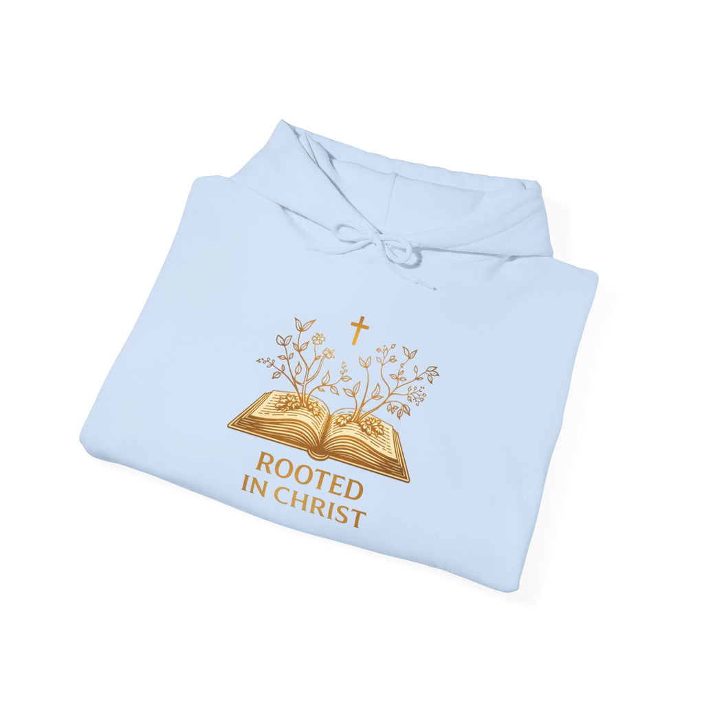 Womens Rooted in Christ Hoodie — Christian Faith Bible Cross Pullover