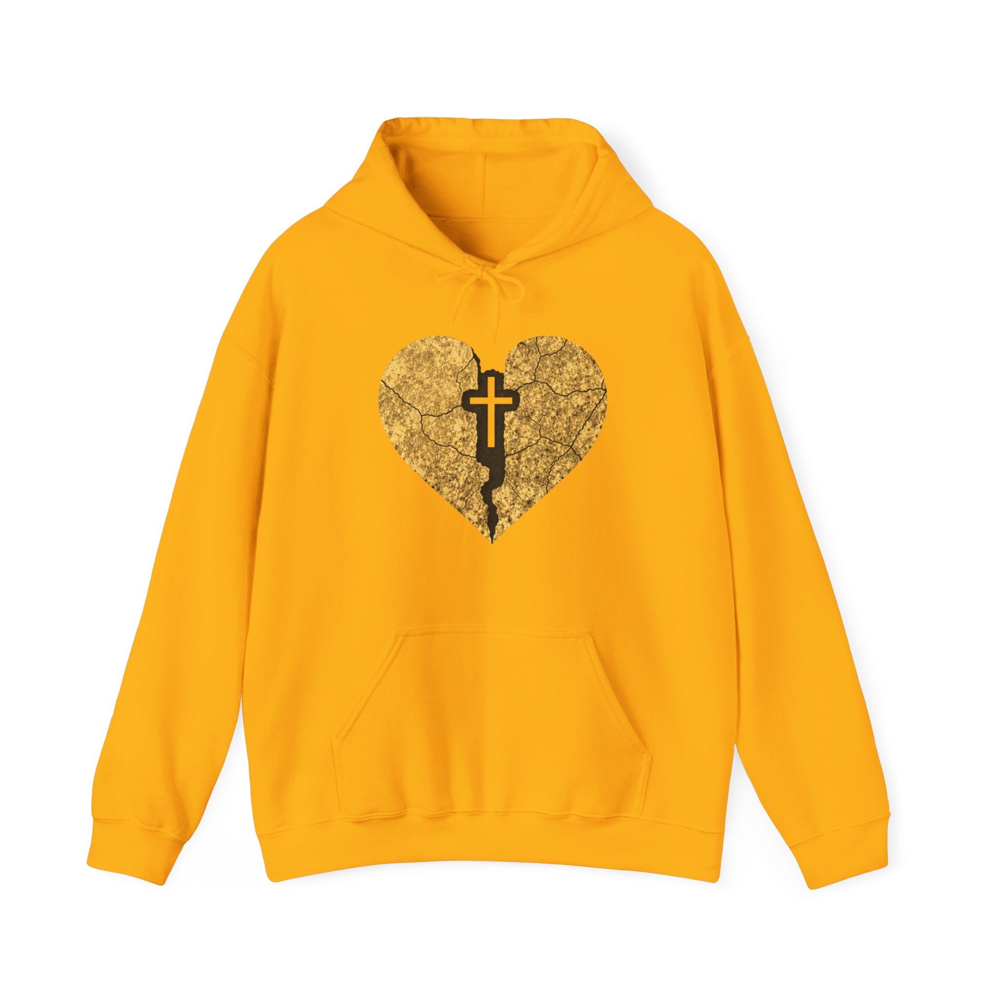 Mens Broken Gold Heart Cross Hoodie — Christian Faith Graphic Sweatshirt