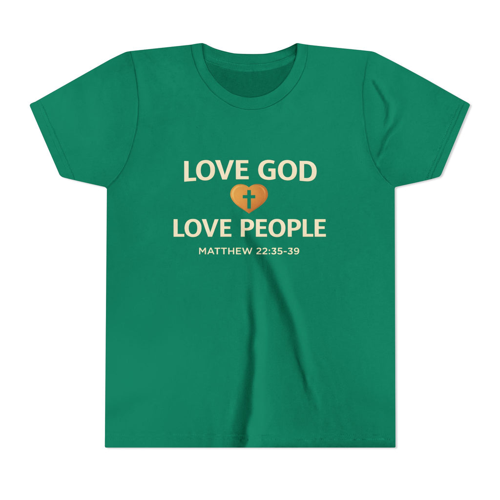 Boys Youth Tee — "Love God Love People" Bible Verse Matthew 22:37-39 Christian Kids Shirt