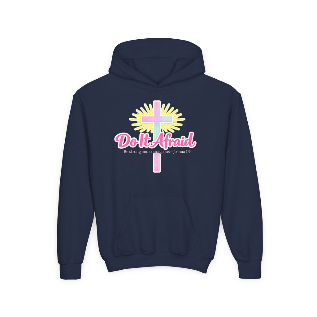 Youth Hoodie — "Do It Afraid" Christian Cross Inspirational Sweatshirt (Joshua 1:9)