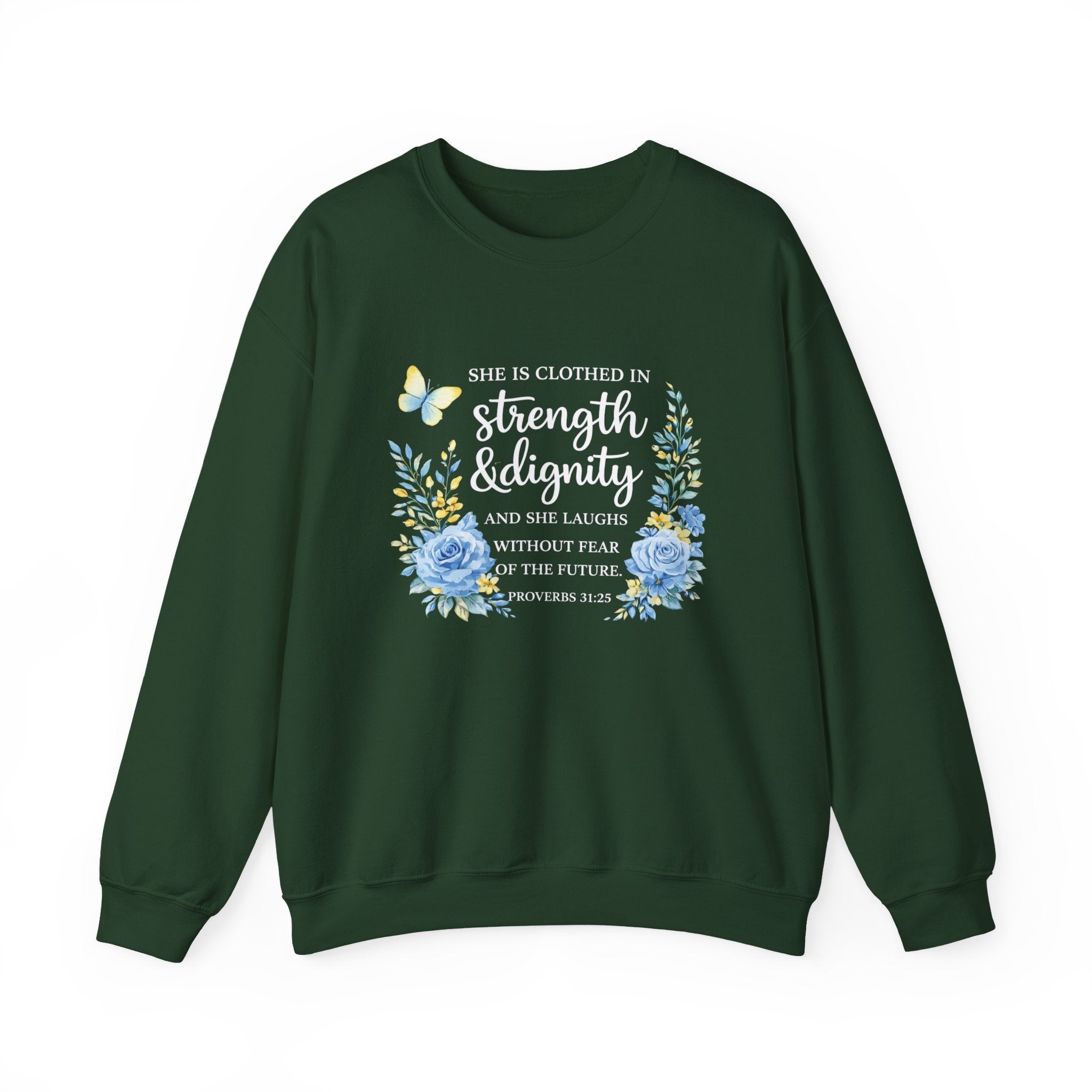 Womens Strength & Dignity Crewneck Sweatshirt — Inspirational Floral Scripture Design