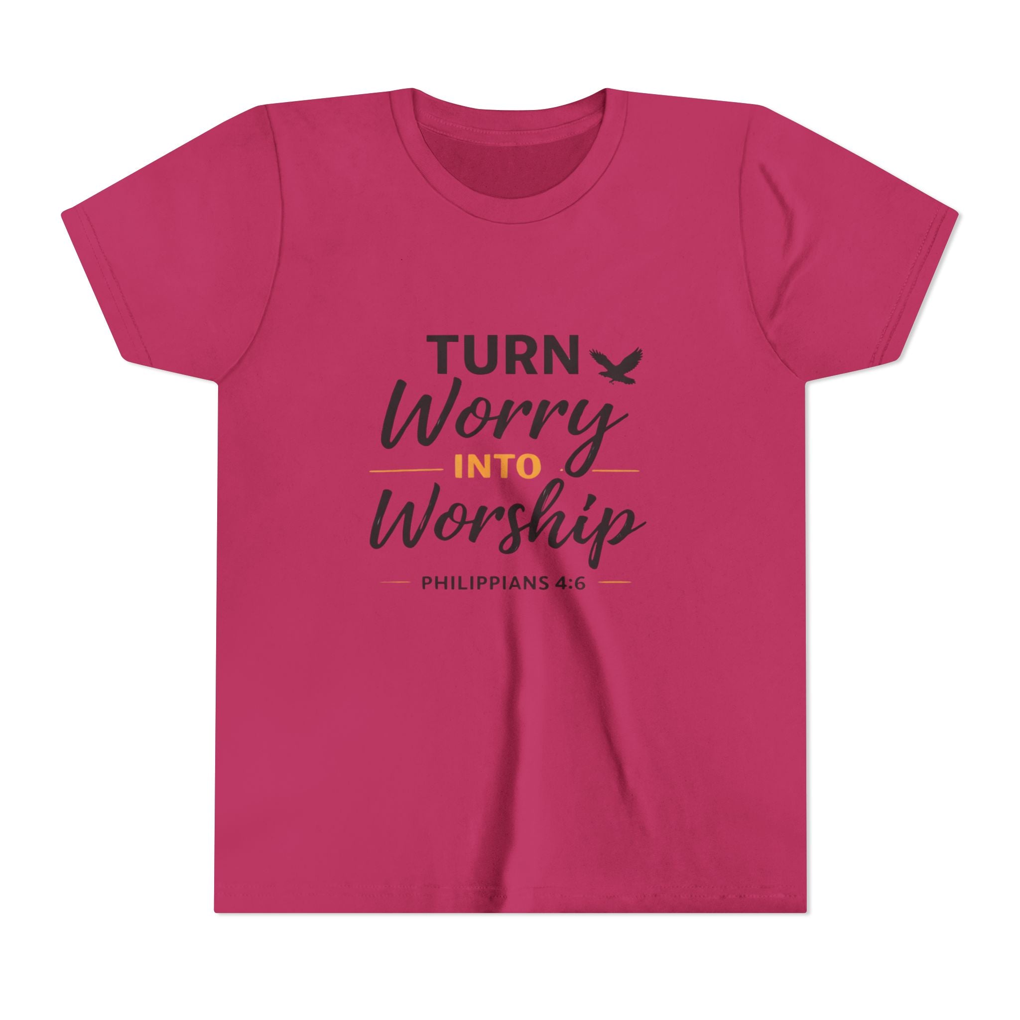Girls Youth Tee - "Turn Worry Into Worship" Philippians 4:6 Christian Kids Shirt