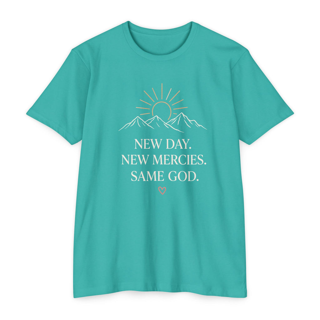 New Day. New Mercies. Same God." Sunrise Mountain Christian Tee