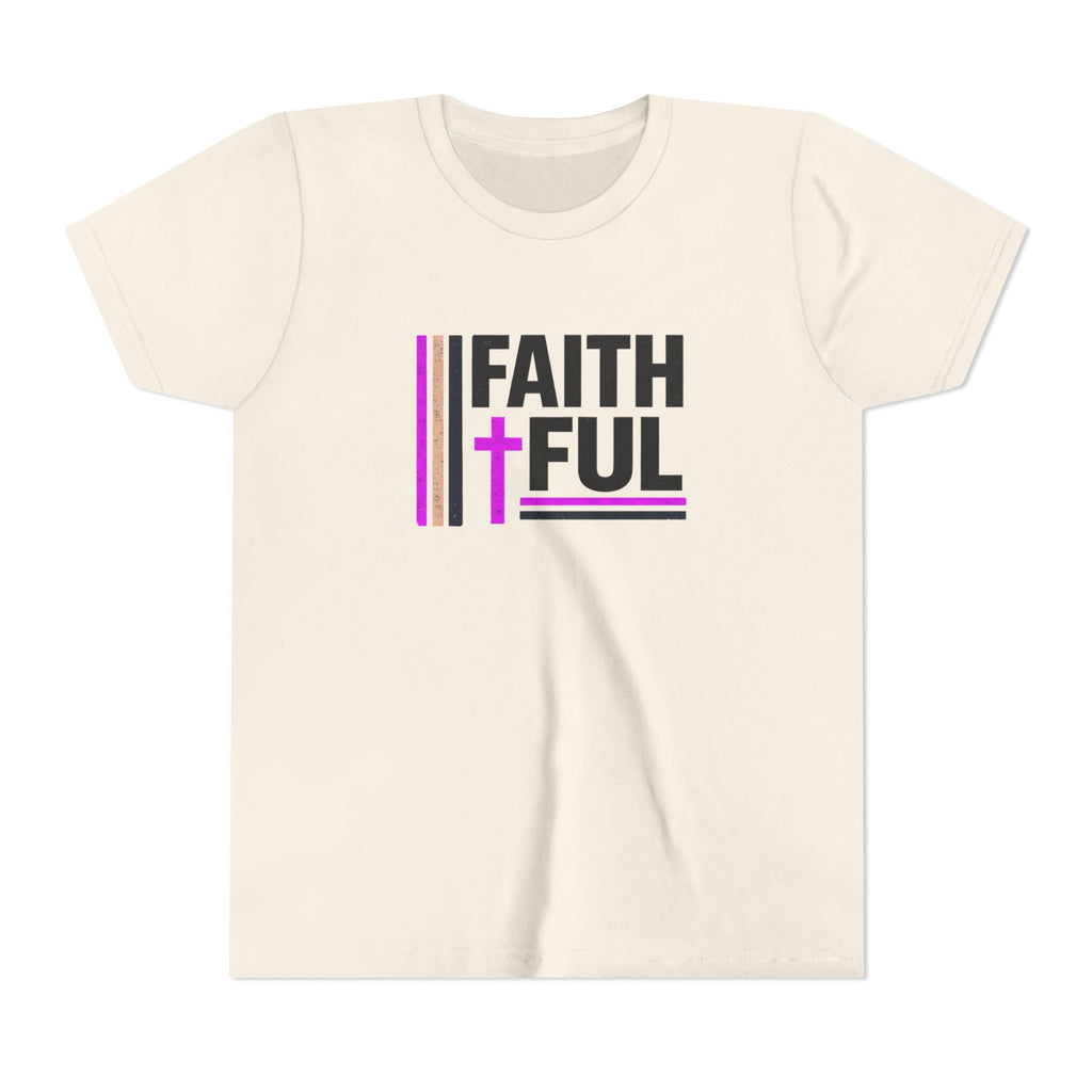 Girls Faithful Youth Tee — Kids Christian Cross T-Shirt (Pink & Black)