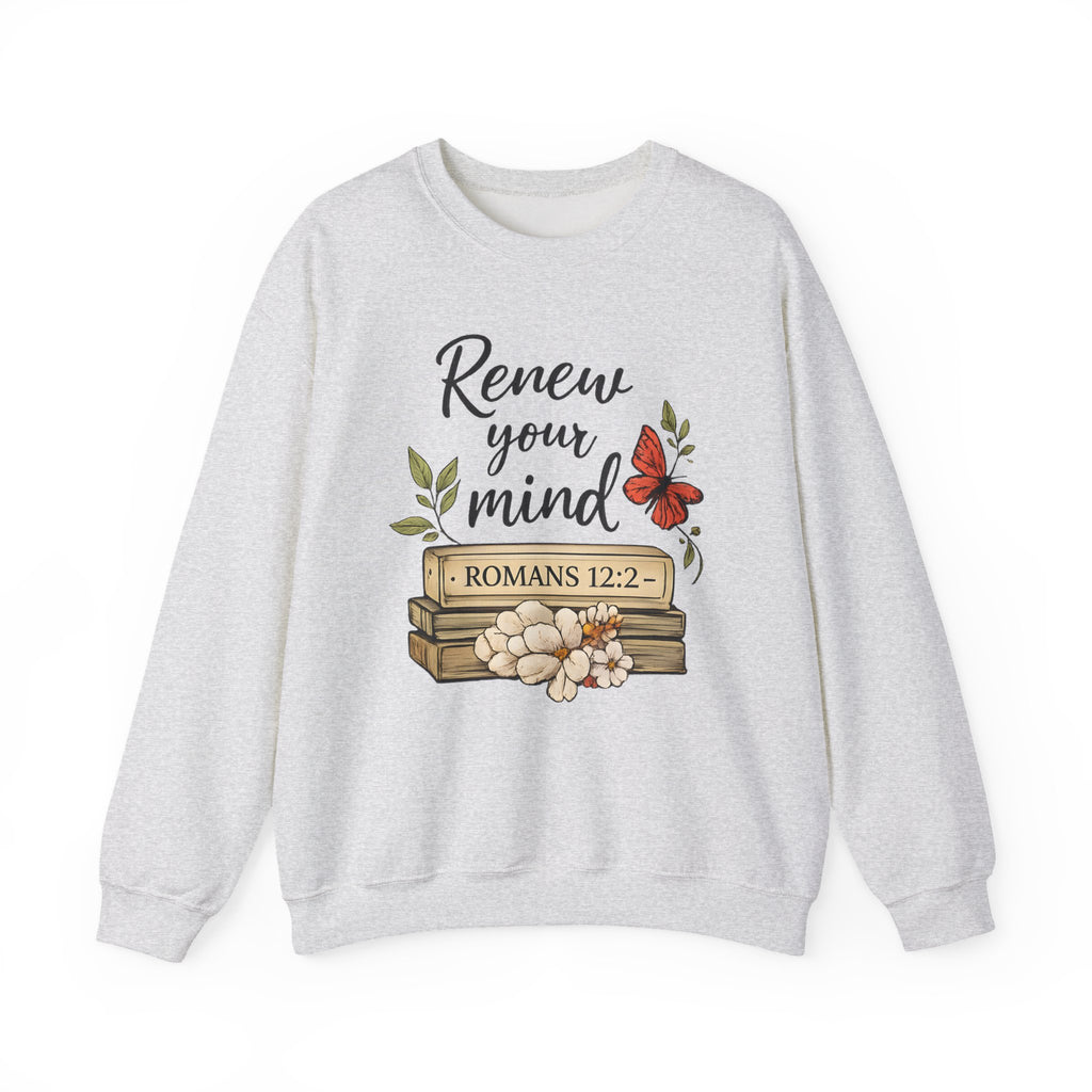 Womens Crewneck Sweatshirt - "Renew Your Mind" Romans 12:2 Floral Christian Pullover