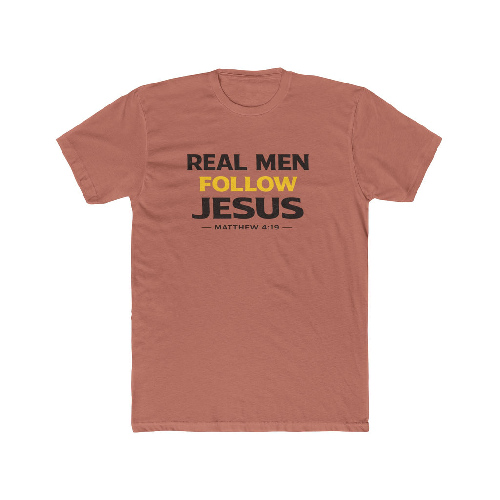 Real Men Follow Jesus Cotton Tee — Matthew 4:19 Christian Faith T-Shirt