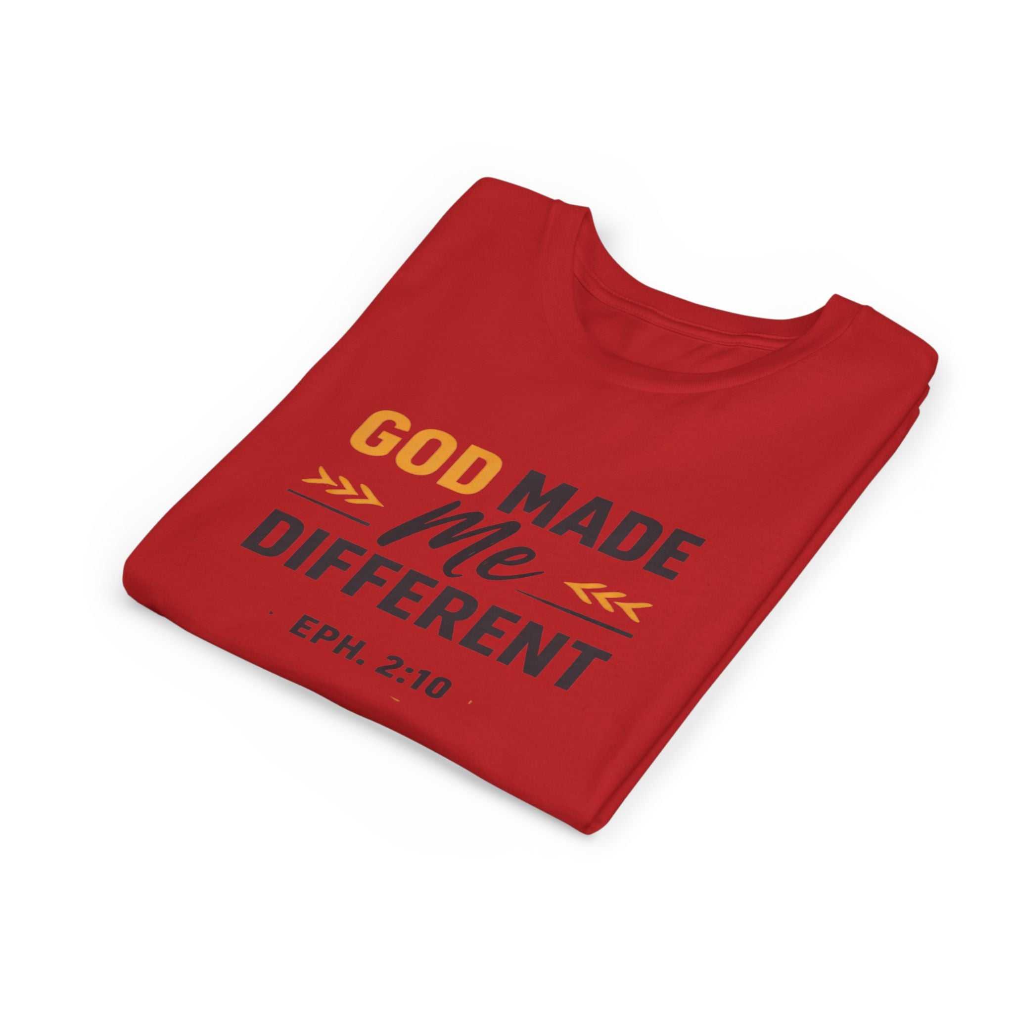 Girls Youth Tee – "God Made Me Different" Christian Kids T‑Shirt (Eph. 2:10)