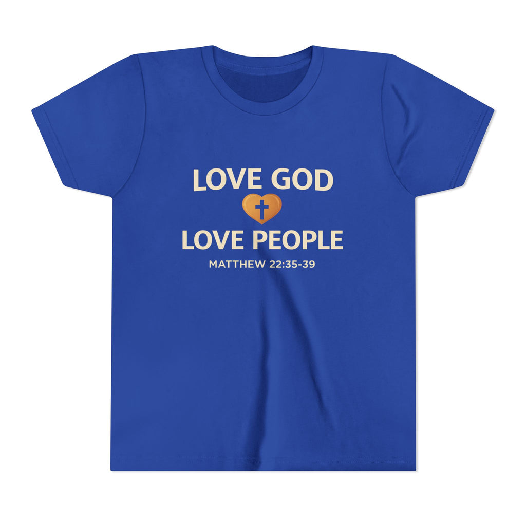 Boys Youth Tee — "Love God Love People" Bible Verse Matthew 22:37-39 Christian Kids Shirt