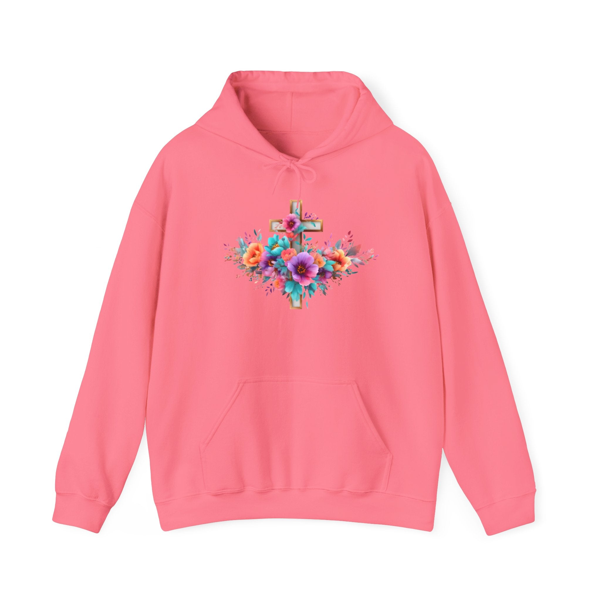 Floral Cross Hoodie – Colorful Watercolor Flowers Religious Sweatshirt