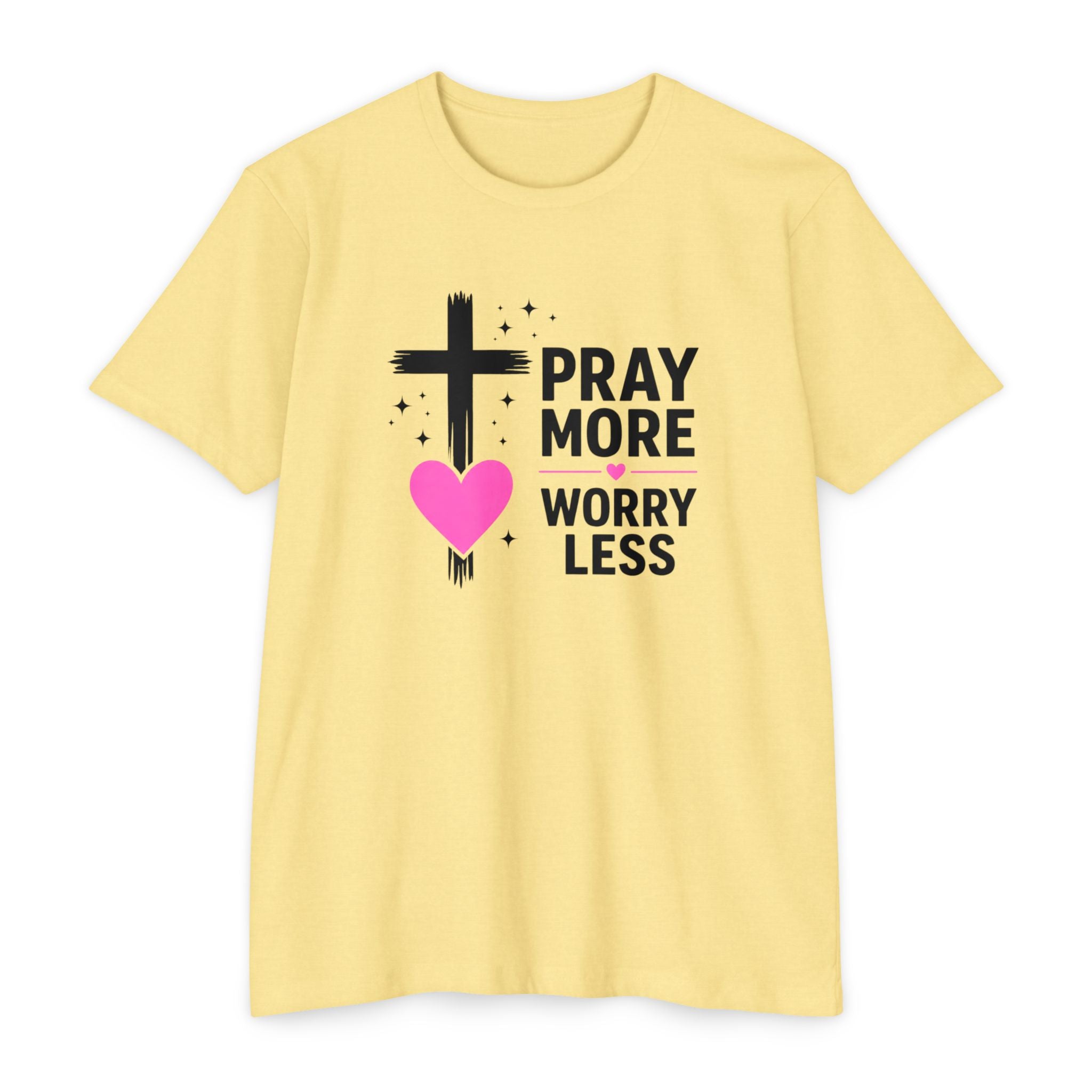 Womens Pray More Worry Less Heart  T-shirt | Faith Christian tee
