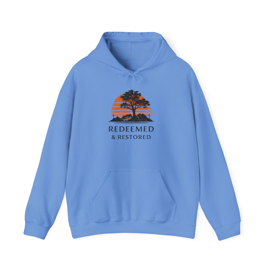 Mens Redeemed & Restored Hoodie — Inspirational Christian Tree Sunset Pullover