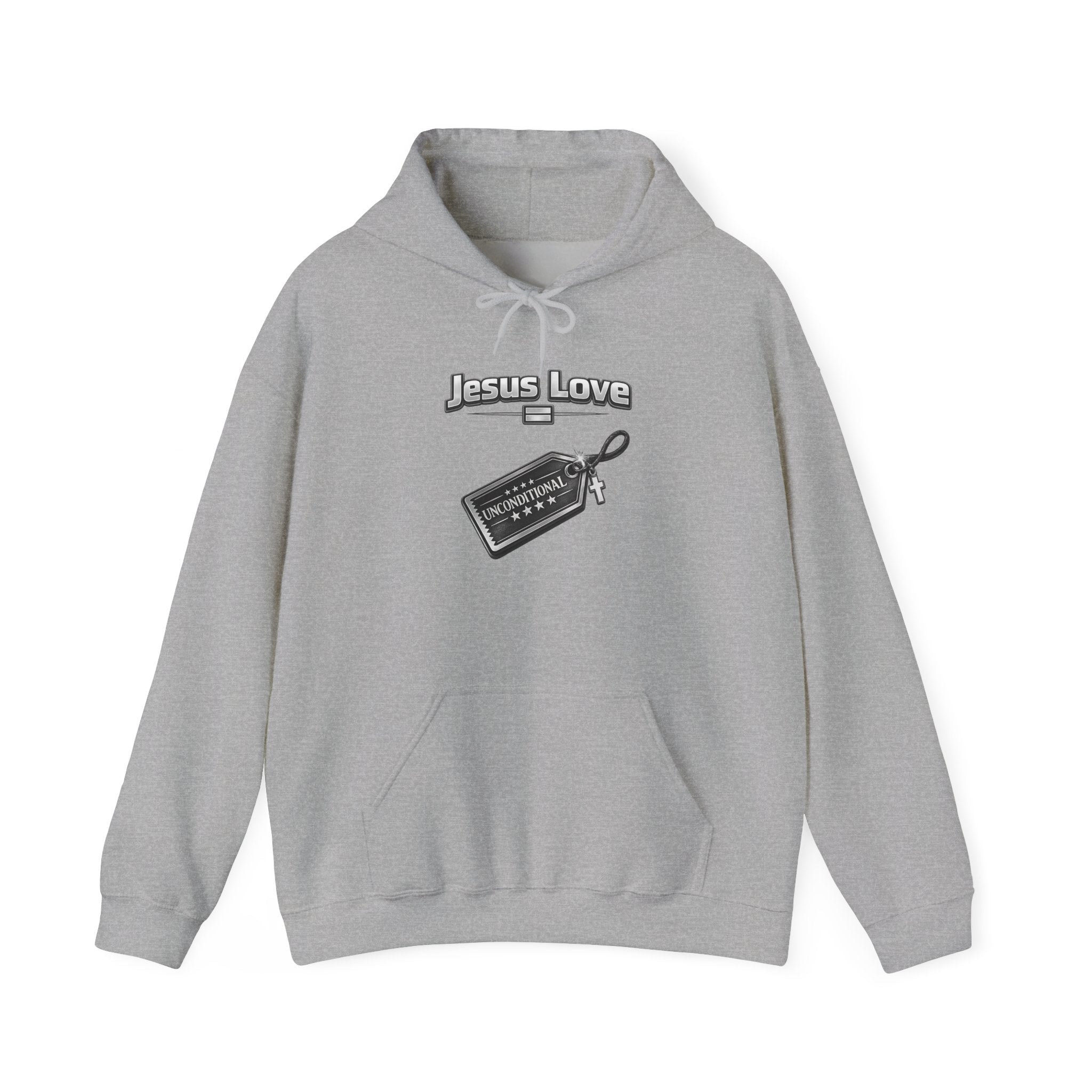 Jesus Love Hoodie with Cross & Tag Graphic — Christian Faith Pullover