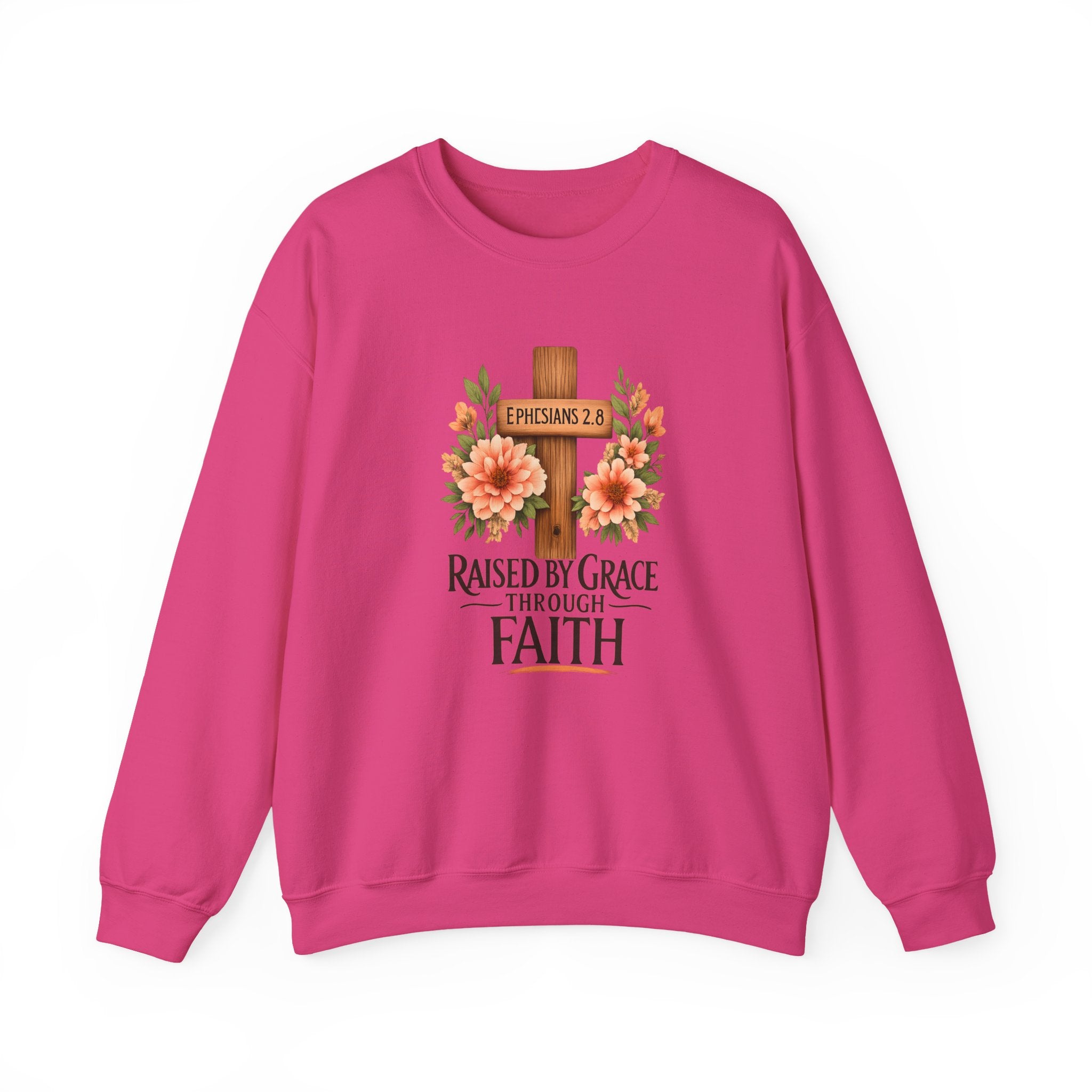 Faith Crewneck Sweatshirt — "Raised by Grace Through Faith" Floral Cross