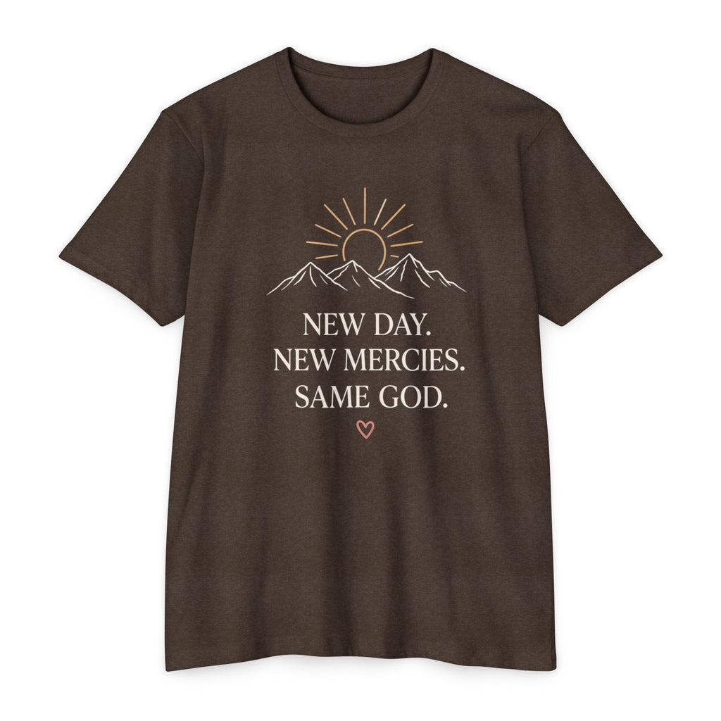 New Day. New Mercies. Same God." Sunrise Mountain Christian Tee