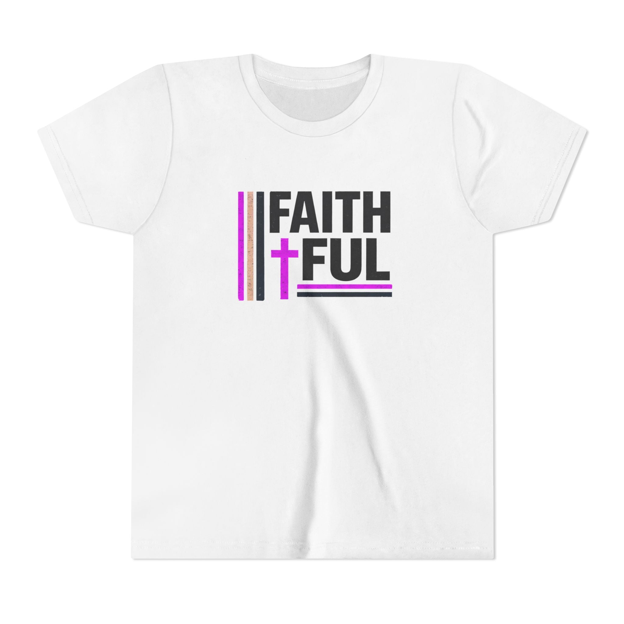 Girls Faithful Youth Tee — Kids Christian Cross T-Shirt (Pink & Black)