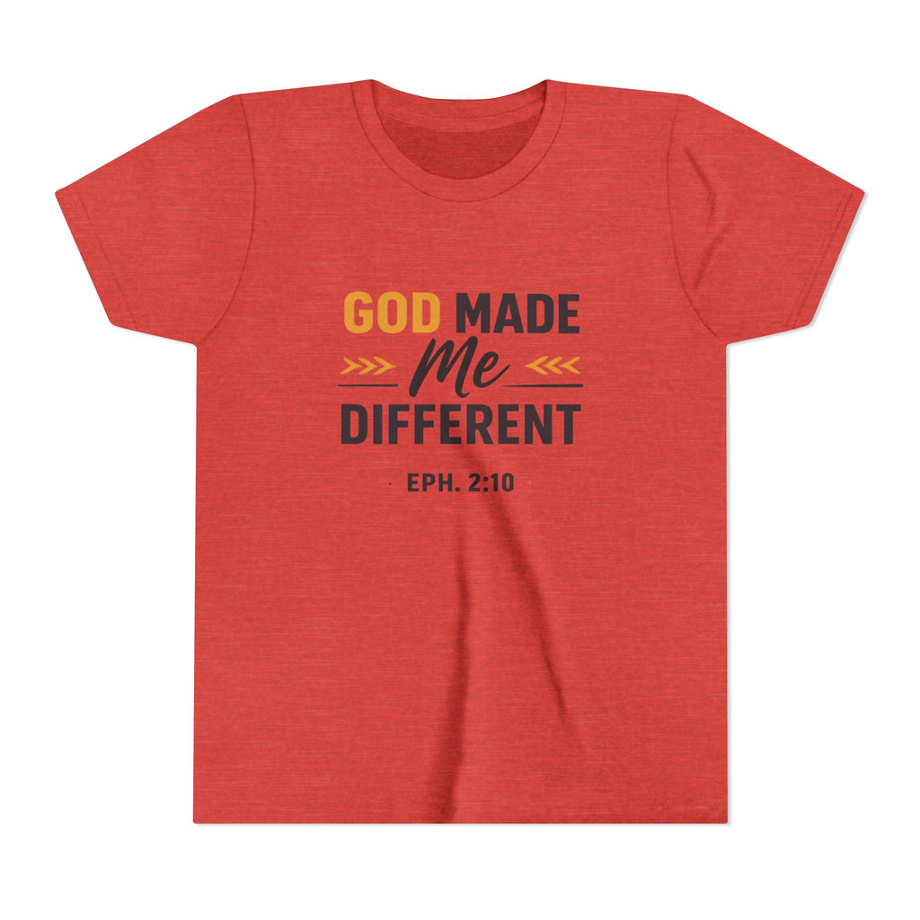 Girls Youth Tee – "God Made Me Different" Christian Kids T‑Shirt (Eph. 2:10)