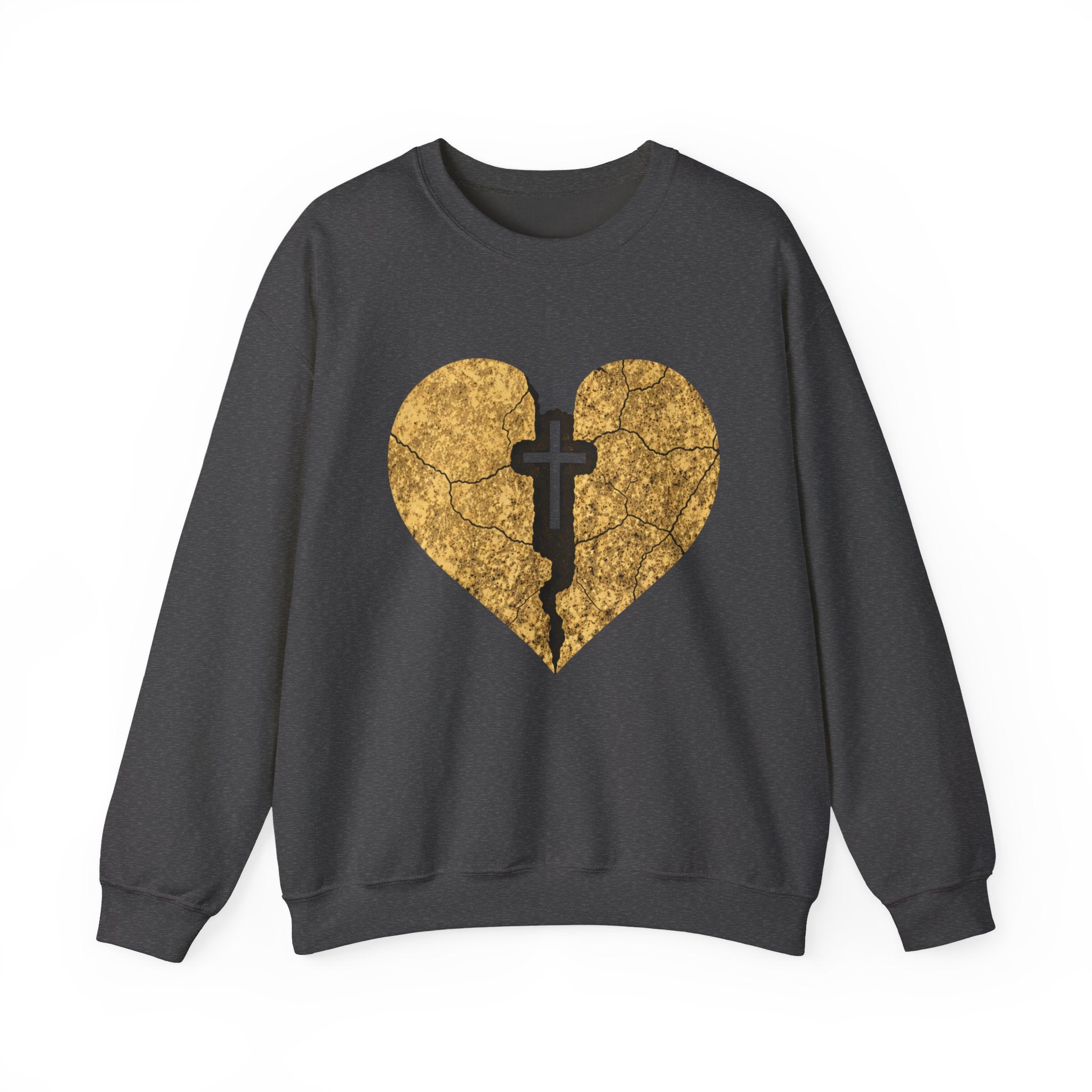 Womens Heart Crack Cross Crewneck Sweatshirt — Gold Distressed Christian Faith Pullover