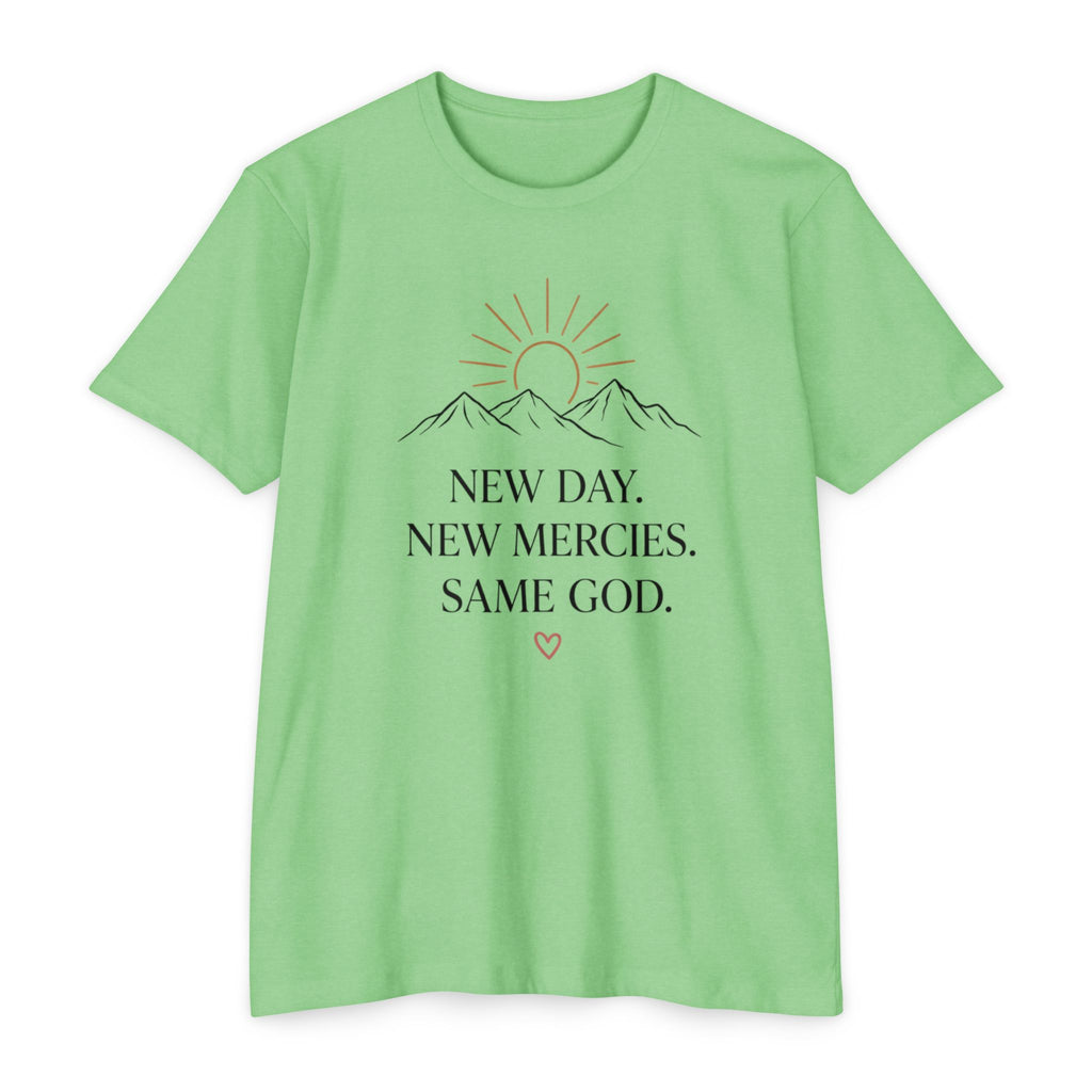 New Day. New Mercies. Same God." Sunrise Mountain Christian Tee