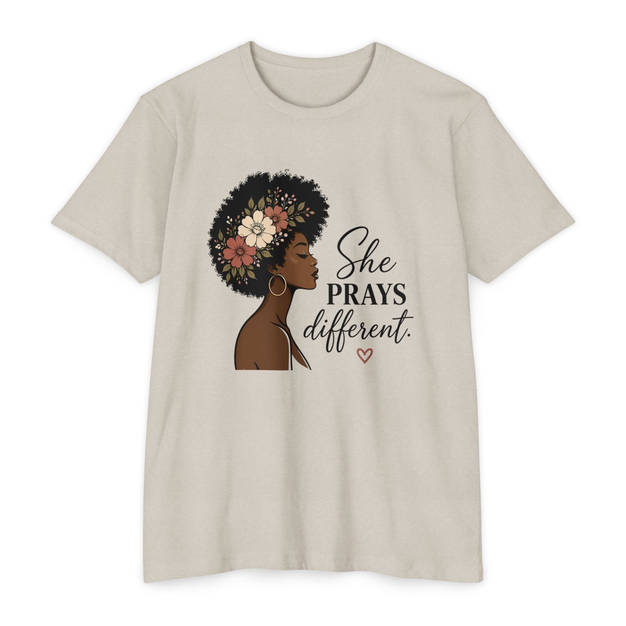 She Prays Different T-Shirt — Floral Afro Woman Inspirational Christian Tee