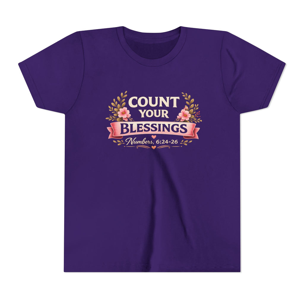 Girls Youth Tee - "Count Your Blessings" Floral Scripture Kids Shirt (Numbers 6:24-26)
