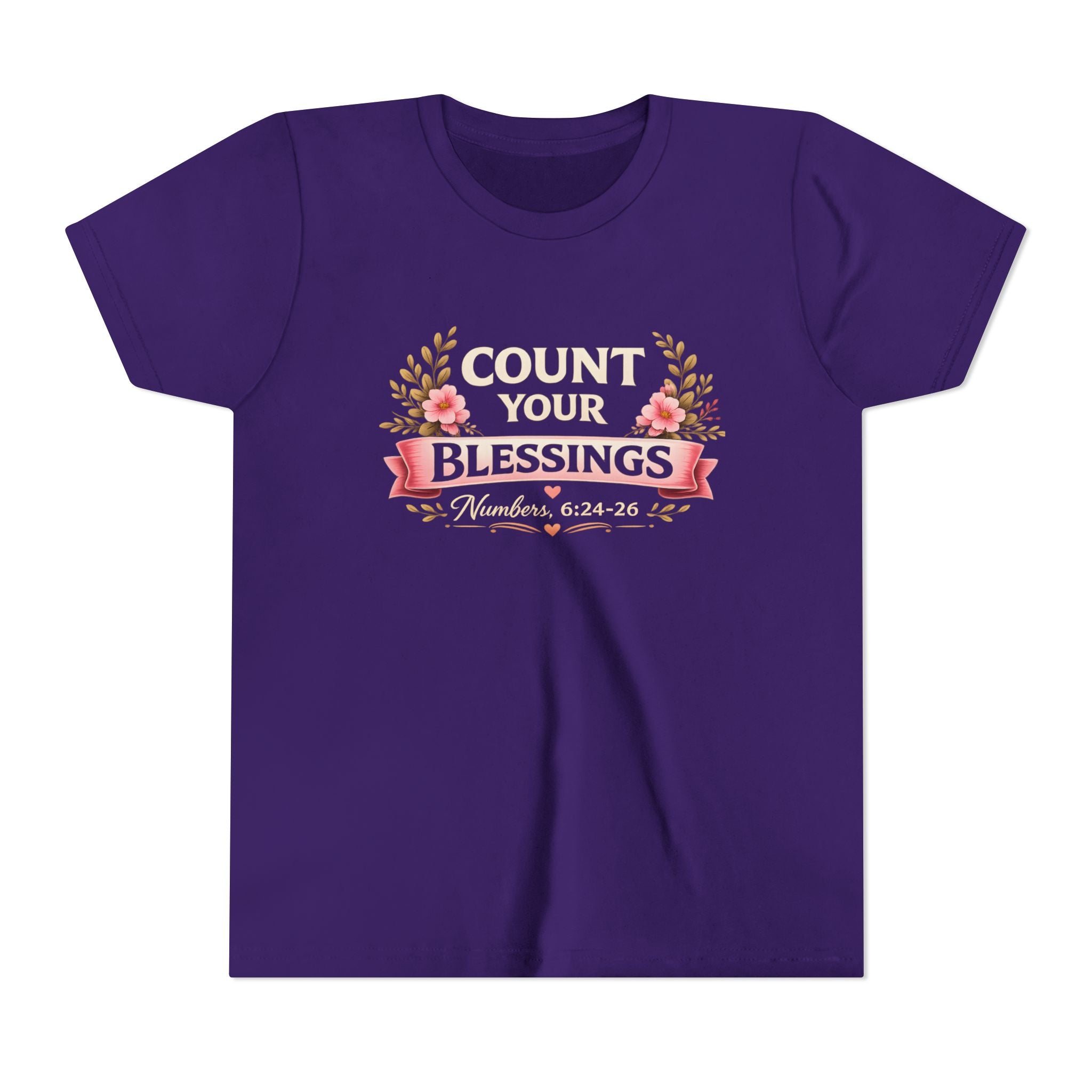 Girls Youth Tee - "Count Your Blessings" Floral Scripture Kids Shirt (Numbers 6:24-26)