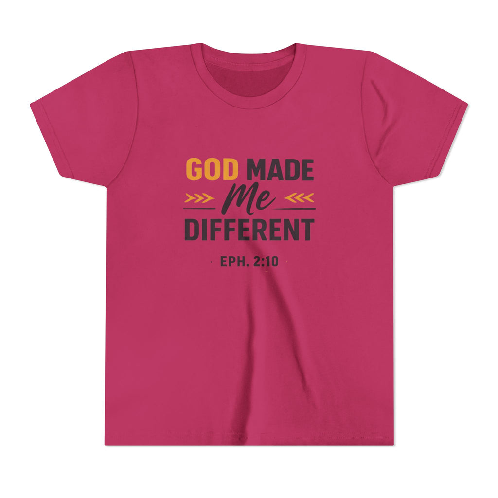 Girls Youth Tee – "God Made Me Different" Christian Kids T‑Shirt (Eph. 2:10)