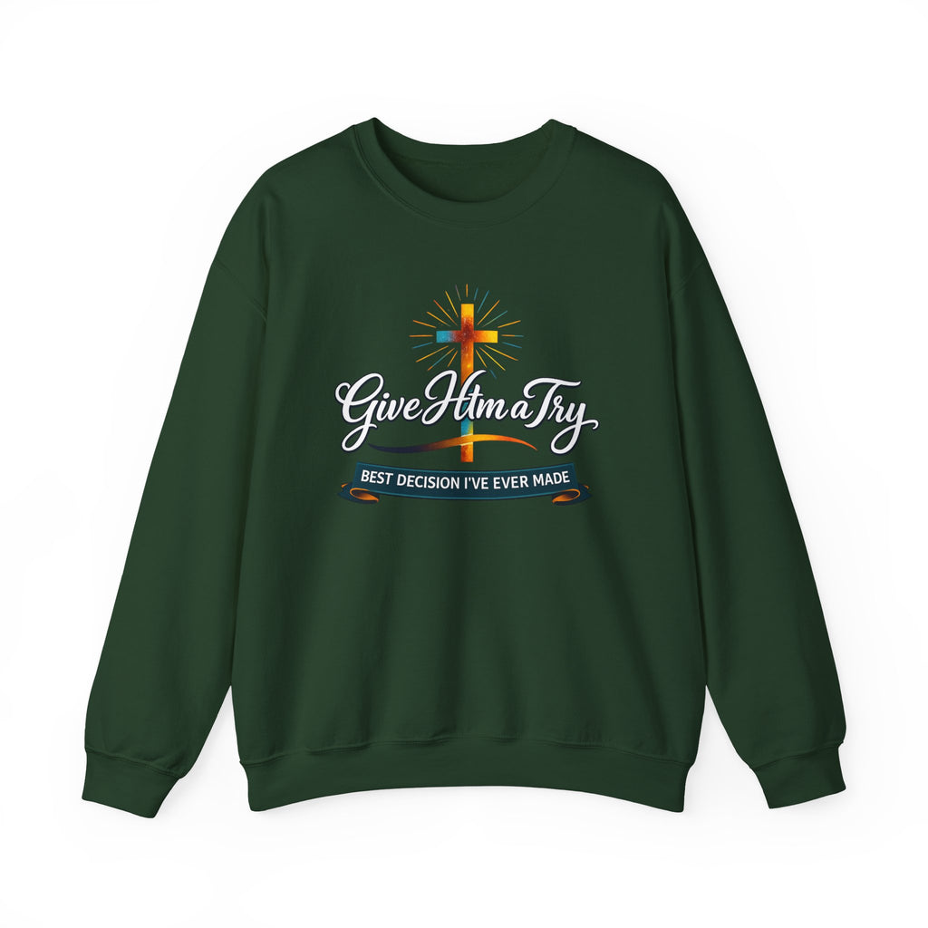 Womens Christian Crewneck Sweatshirt — "Give Him a Try" Faith Cross Design