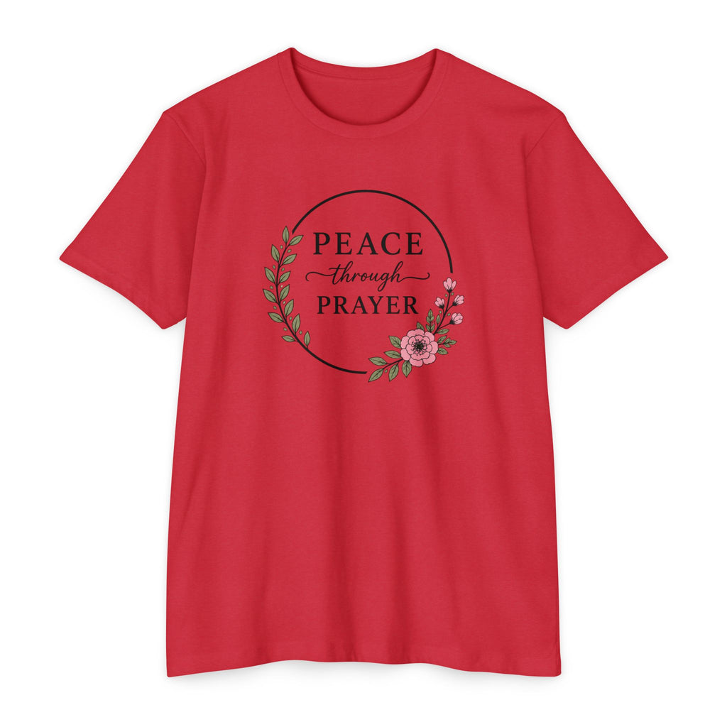 Womens Peace Through Prayer T-Shirt | Christian Faith Cross