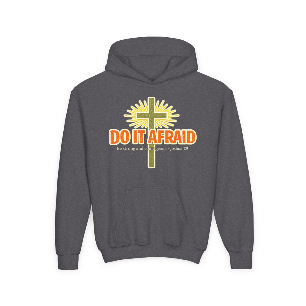 Youth Hoodie - "Do It Afraid" Inspirational Christian Cross Sweatshirt (Joshua 1:9)