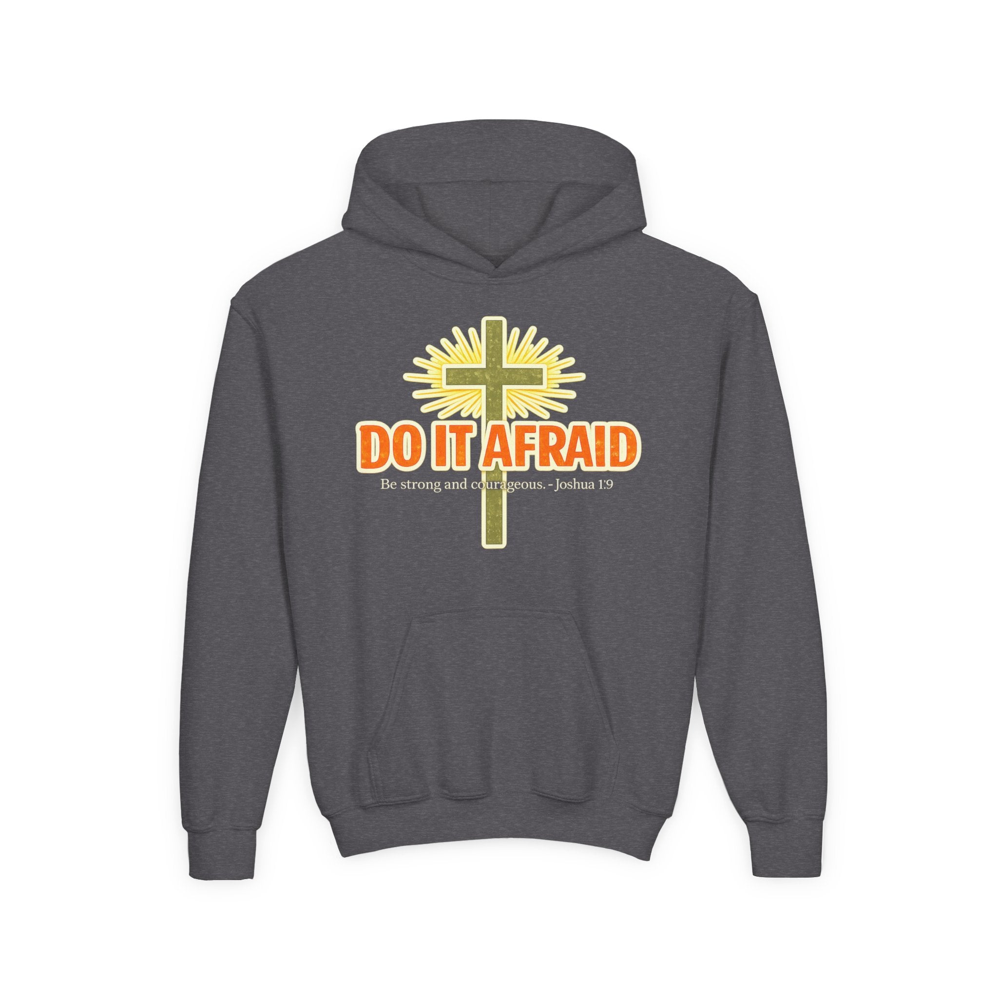 Youth Hoodie - "Do It Afraid" Inspirational Christian Cross Sweatshirt (Joshua 1:9)