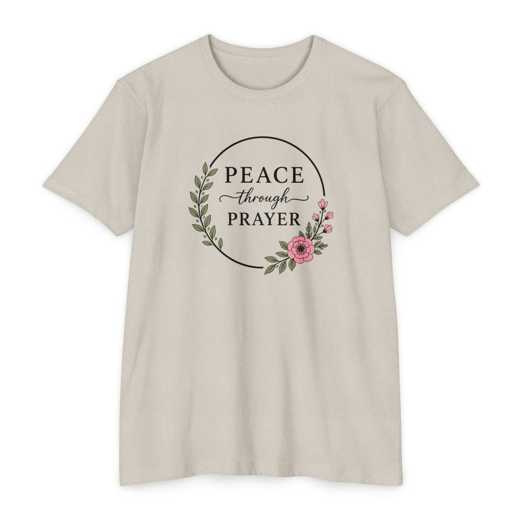 Womens Peace Through Prayer T-Shirt | Christian Faith Cross