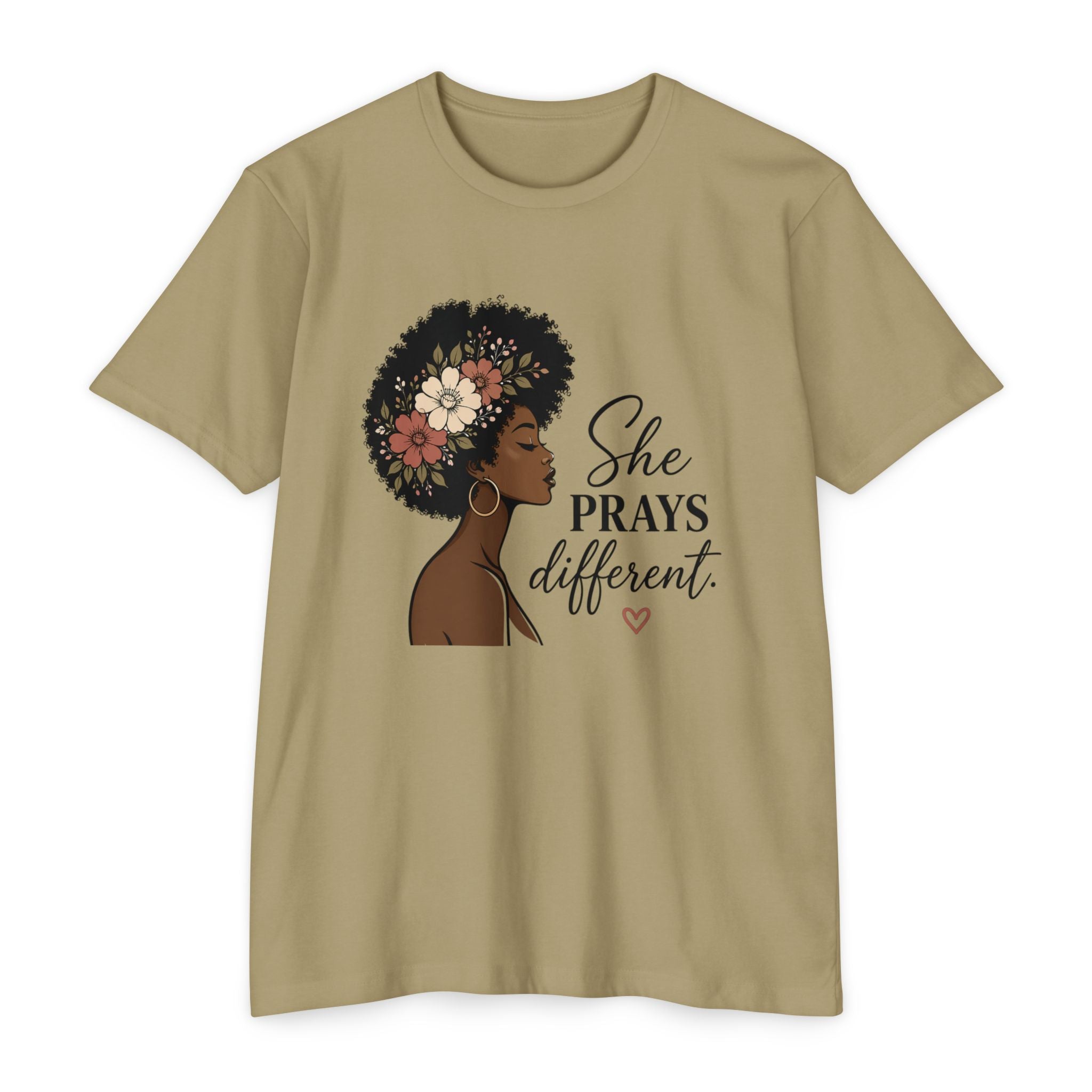 She Prays Different T-Shirt — Floral Afro Woman Inspirational Christian Tee