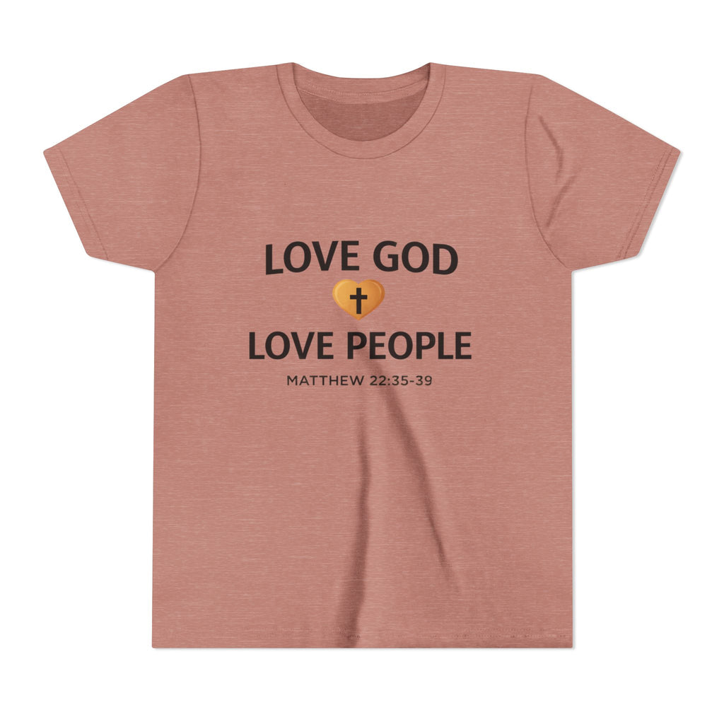 Boys Youth Tee — "Love God Love People" Bible Verse Matthew 22:37-39 Christian Kids Shirt