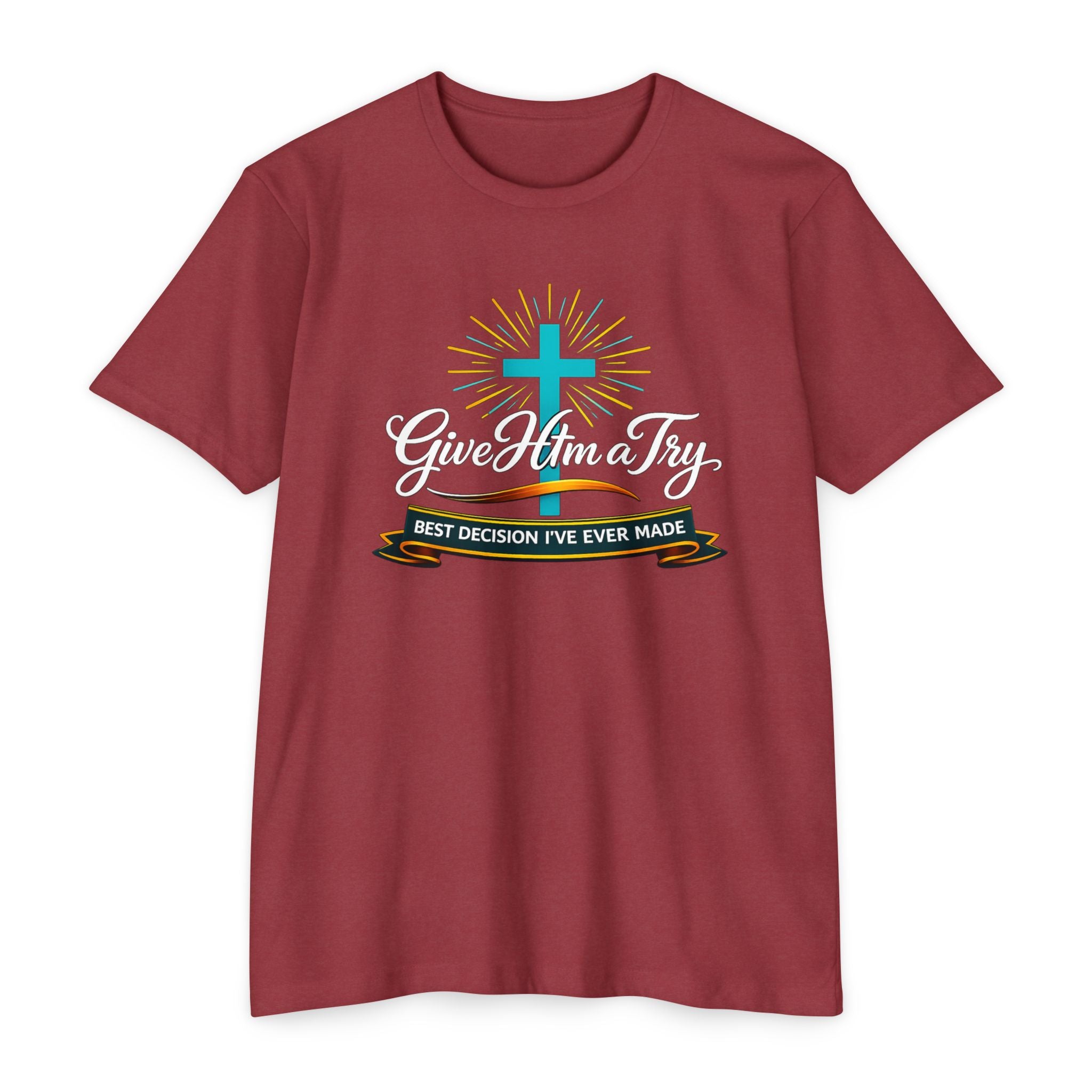 Womens Give Him a Try cross design T-Shirt | Christian faith shirt