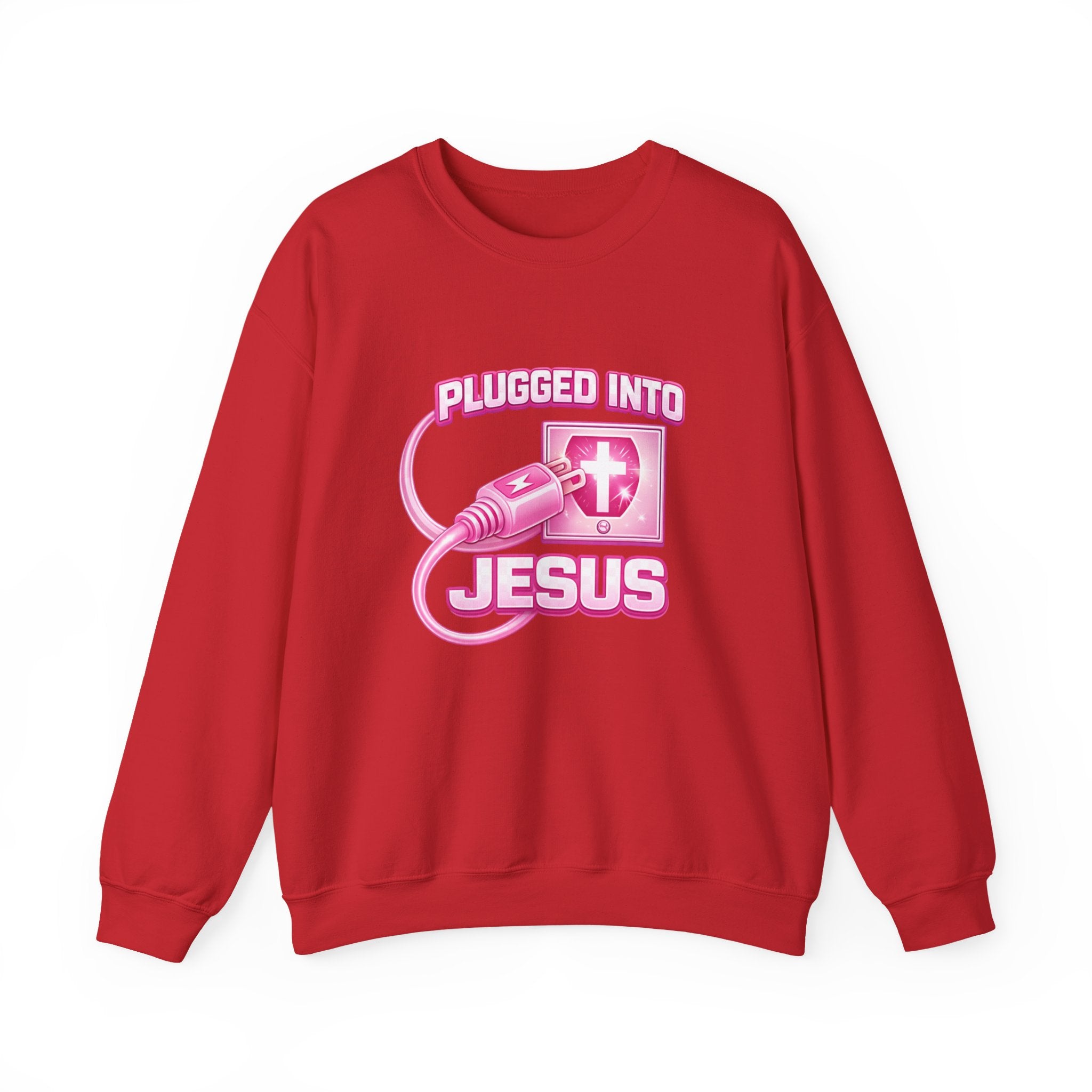 Womens Christian Crewneck Sweatshirt — "Plugged Into Jesus" Pink Graphic