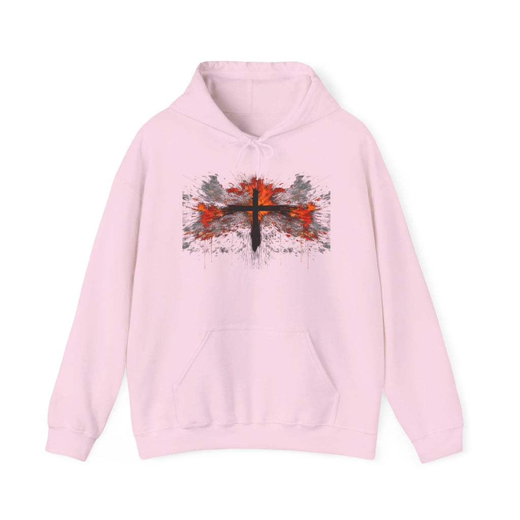 Mens Christian Cross Hoodie — Grunge Red & Black Faith Pullover