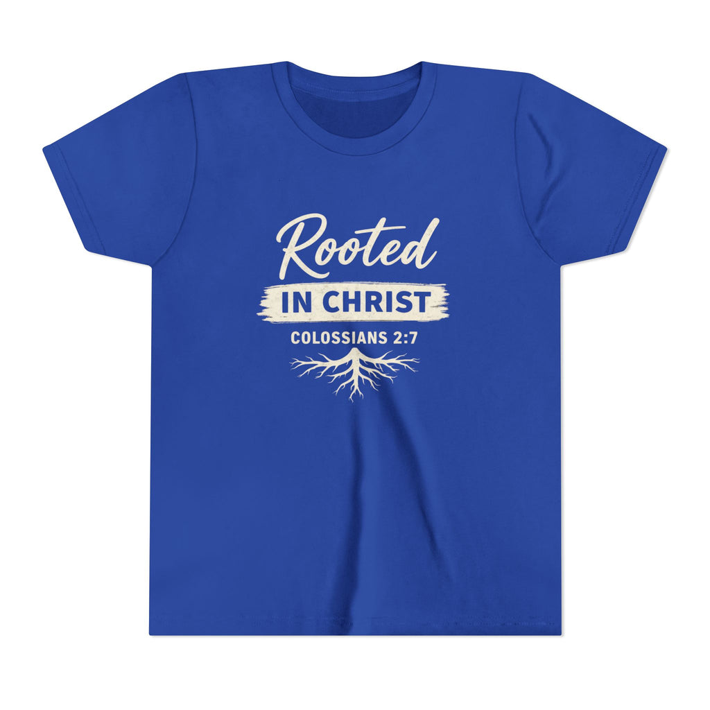 Boys Youth Tee - "Rooted in Christ" Colossians 2:7 Christian Kids Shirt
