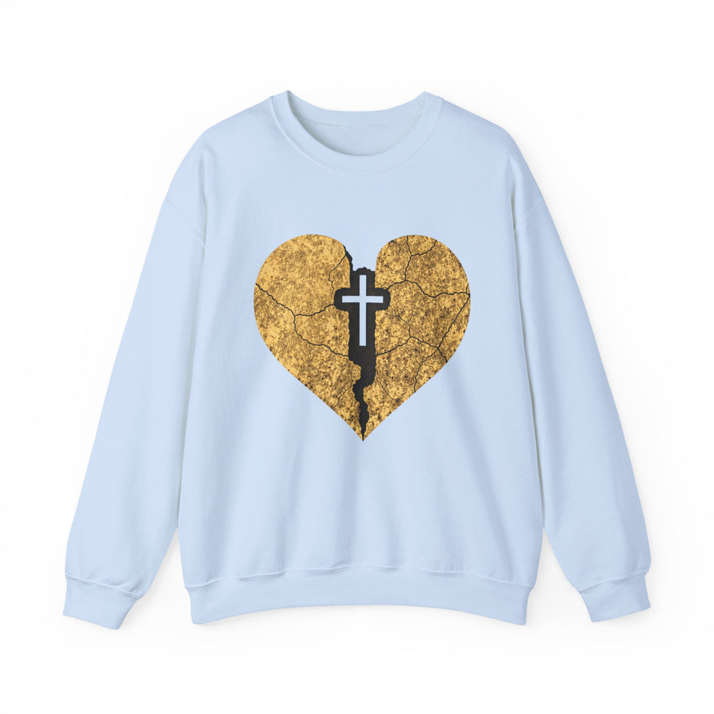 Womens Heart Crack Cross Crewneck Sweatshirt — Gold Distressed Christian Faith Pullover