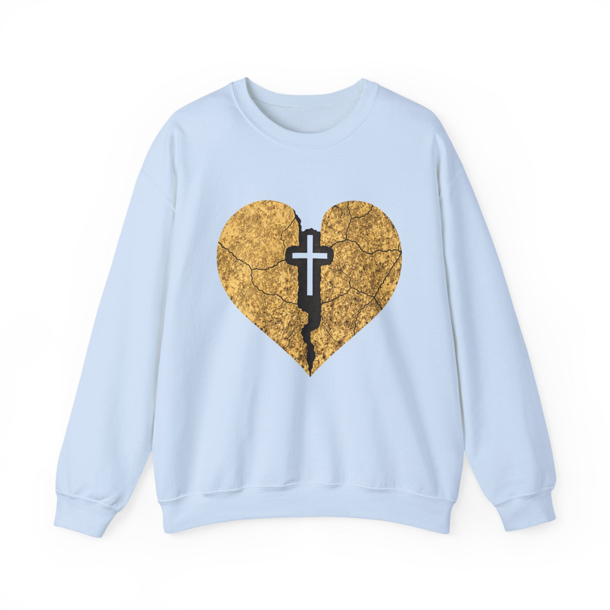 Womens Heart Crack Cross Crewneck Sweatshirt — Gold Distressed Christian Faith Pullover