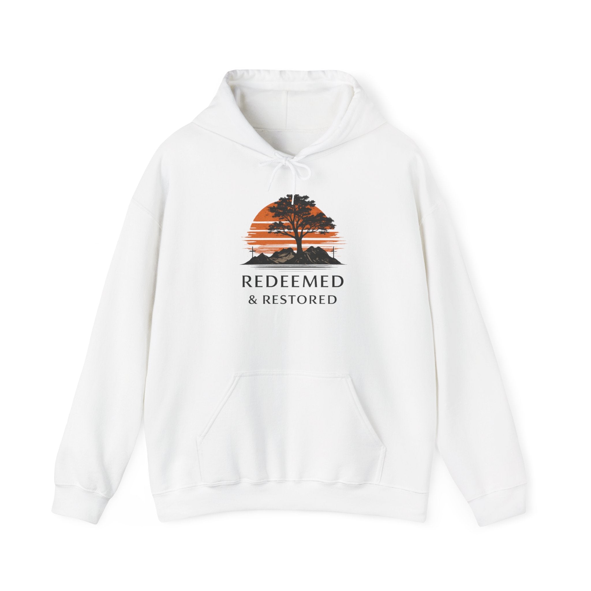 Redeemed & Restored Hoodie – Sunset Tree Faith Graphic Hooded Sweatshirt