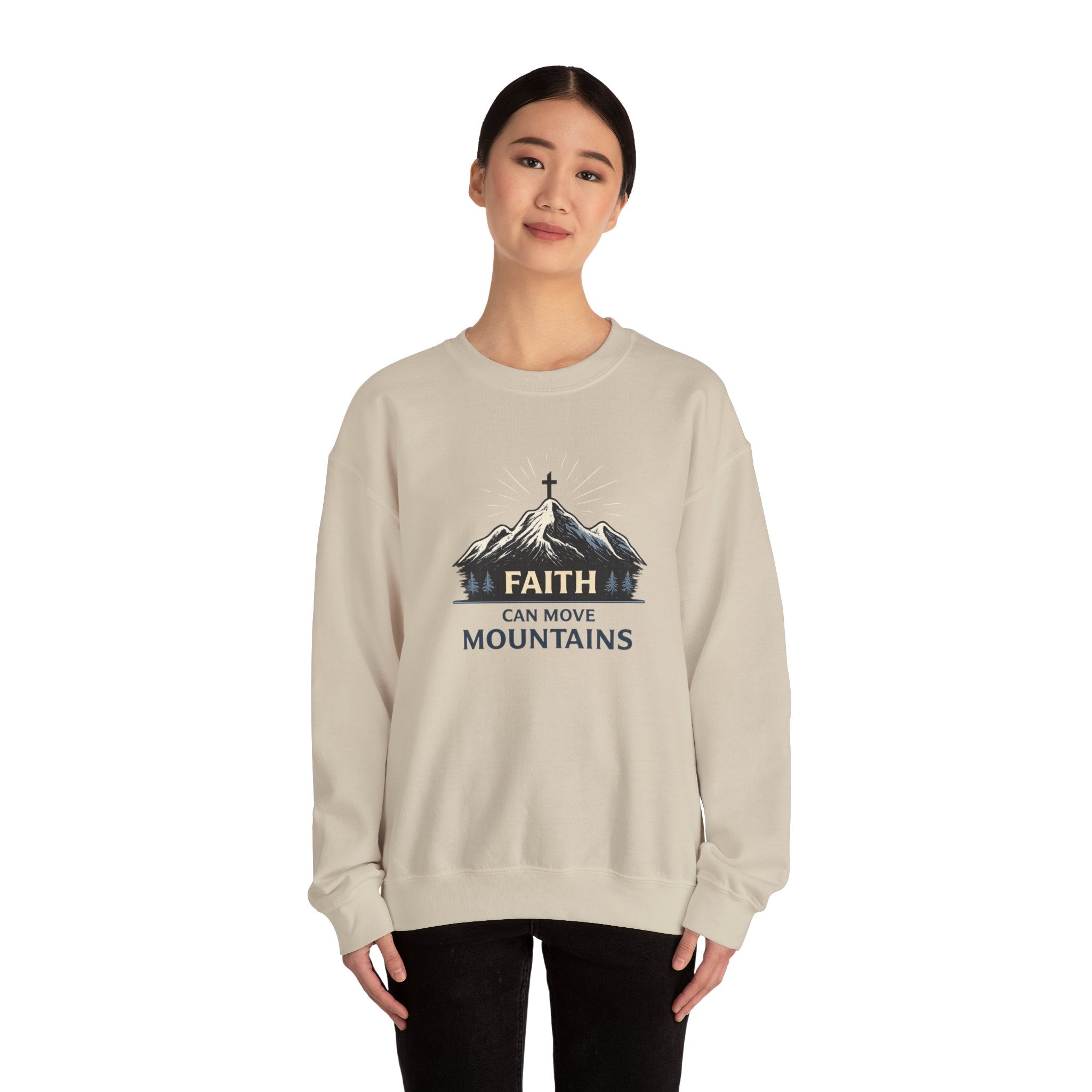 Womens Faith Can Move Mountains Crewneck Sweatshirt – Christian Inspirational Pullover