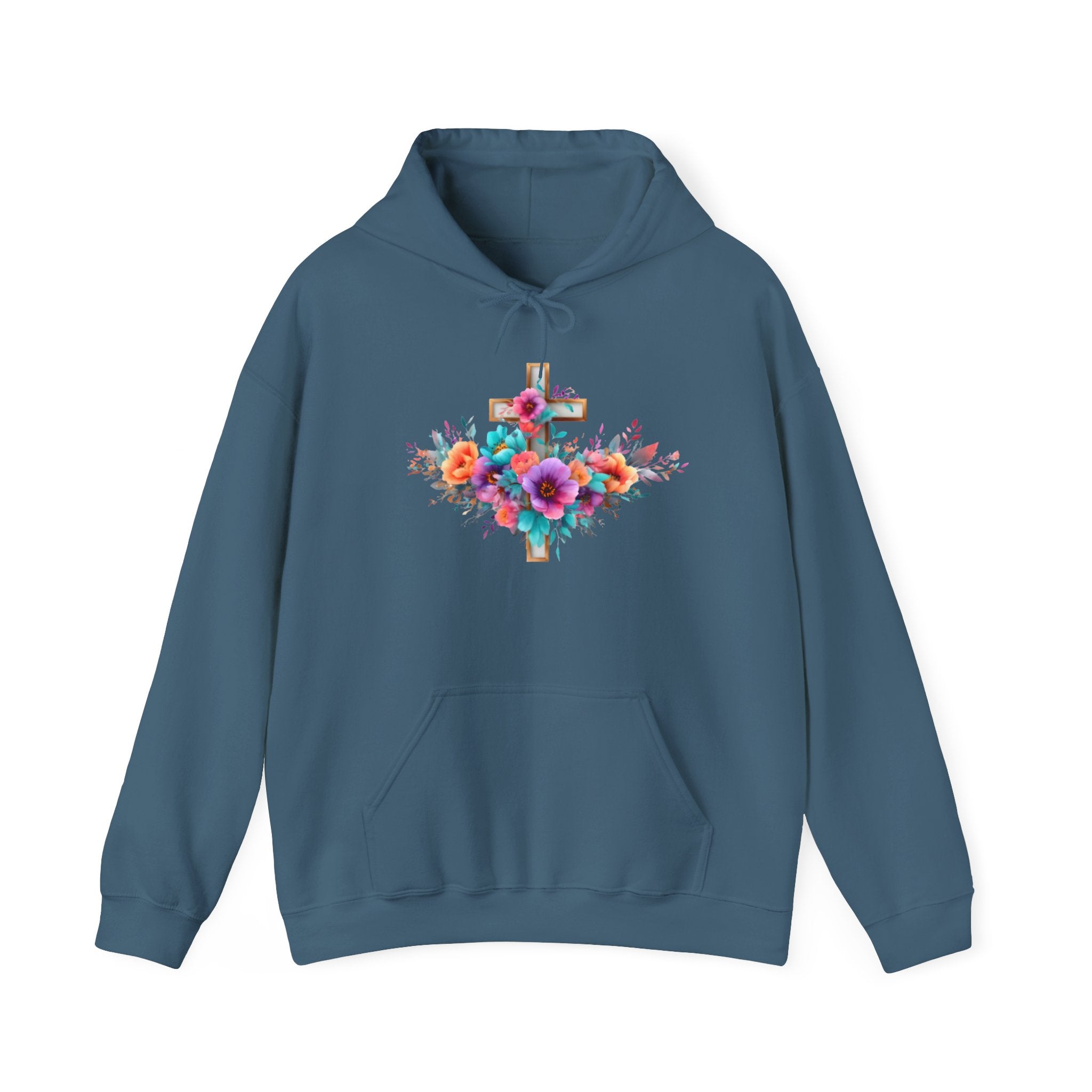Floral Cross Hoodie – Colorful Watercolor Flowers Religious Sweatshirt